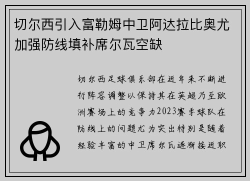 切尔西引入富勒姆中卫阿达拉比奥尤加强防线填补席尔瓦空缺