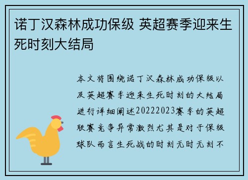 诺丁汉森林成功保级 英超赛季迎来生死时刻大结局