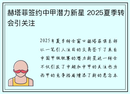 赫塔菲签约中甲潜力新星 2025夏季转会引关注