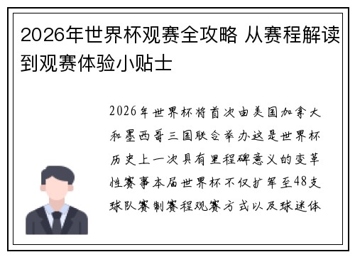 2026年世界杯观赛全攻略 从赛程解读到观赛体验小贴士